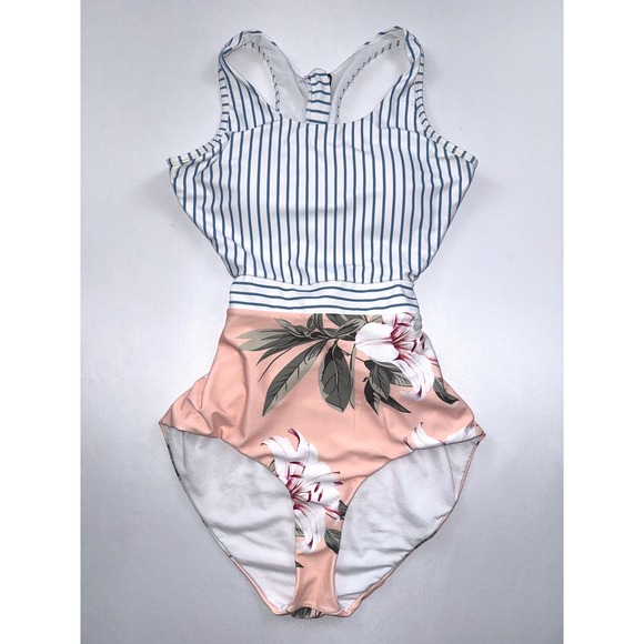 Striped Floral‎ One Piece Swimsuit High Waist Cutout Back XL - Picture 1 of 3